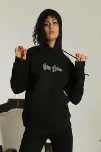 Kadın Oversize Kapüşonlu Cepli Baskılı 3 İplik Pamuklu Hoodie Sweatshirt -  Siyah