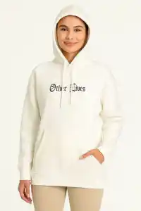 Kadın Kapüşonlu Kanguru Cepli Sweatshirt 3 İplik Pamuklu Baskılı Hoodie - Beyaz