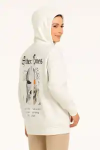 Kadın Kapüşonlu Kanguru Cepli Sweatshirt 3 İplik Pamuklu Baskılı Hoodie - Beyaz