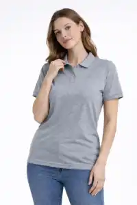 Kadın Polo Yaka Tişört Pike Kumaş Kısa Kol Regular Fit Yazlık T-Shirt - Gri