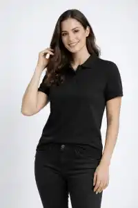 Kadın Polo Yaka Tişört Pike Kumaş Kısa Kol Regular Fit Yazlık T-Shirt - Siyah