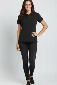 Kadın Polo Yaka Tişört Pike Kumaş Kısa Kol Regular Fit Yazlık T-Shirt - Siyah