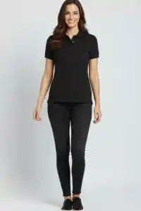 Kadın Polo Yaka Tişört Pike Kumaş Kısa Kol Regular Fit Yazlık T-Shirt - Siyah