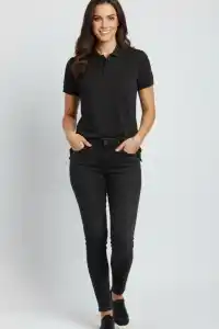 Kadın Polo Yaka Tişört Pike Kumaş Kısa Kol Regular Fit Yazlık T-Shirt - Siyah