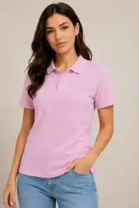Kadın Polo Yaka Pike Kumaş Düğmeli Basic Tişört Günlük Rahat - Pembe