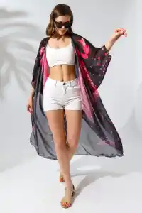 Kadın Rahat Kesim Şifon Kimono - Siyah