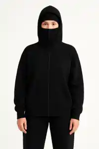 Kadın Samuray Ninja Çift Kapüşonlu Maske Detaylı 3 İplik Hoodie - Siyah