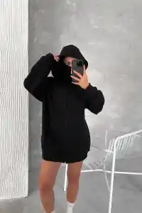 Kadın Samuray Ninja Çift Kapüşonlu Maske Detaylı 3 İplik Hoodie - Siyah