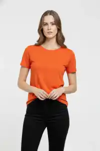 Kadın T-Shirt Bisiklet Yaka Slim Fit Likralı Tişört Yazlık Basic Body - Turuncu