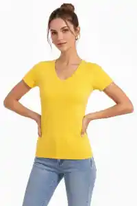 Kadın T-Shirt V Yaka Slim Fit Likralı Tişört Yazlık Basic Body - Sarı