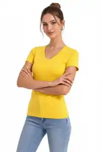 Kadın T-Shirt V Yaka Slim Fit Likralı Tişört Yazlık Basic Body - Sarı