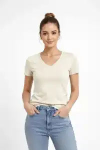 Kadın T-Shirt V Yaka Slim Fit Likralı Tişört Yazlık Basic Body - Taş