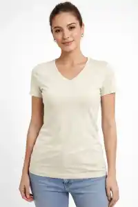 Kadın T-Shirt V Yaka Slim Fit Likralı Tişört Yazlık Basic Body - Taş