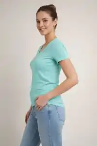 Kadın T-Shirt V Yaka Slim Fit Likralı Tişört Yazlık Basic Body - Turkuvaz