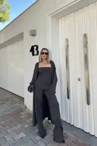 Kadın Triko 3 Parça Takım Straplez Üst Pantolon Uzun Hırka - Füme