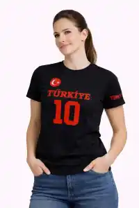 Kadın TÜRKİYE Ay Yıldız Baskılı 10 Numara Forma Tişört Taraftar T-Shirt - Siyah