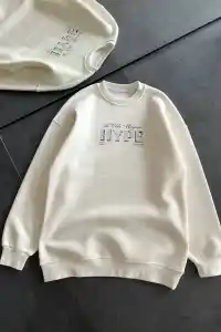 Kadın 3 İplik Pamuklu Bisiklet Yaka Baskılı SweatShirt - Beyaz
