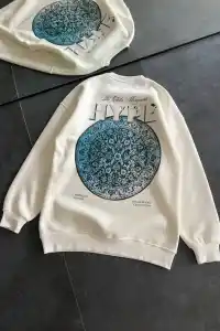 Kadın 3 İplik Pamuklu Bisiklet Yaka Baskılı SweatShirt - Beyaz