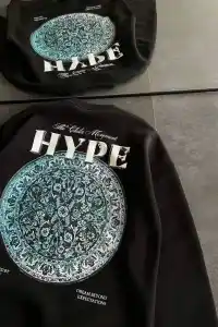Kadın 3 İplik Pamuklu Bisiklet Yaka Baskılı SweatShirt - Siyah