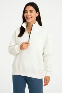 Kadın 3 İplik Pamuklu Dık Yaka Yarım Fermuarlı SweatShirt - Beyaz
