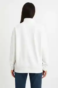 Kadın 3 İplik Pamuklu Dık Yaka Yarım Fermuarlı SweatShirt - Beyaz