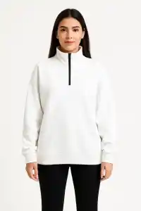 Kadın 3 İplik Pamuklu Dık Yaka Yarım Fermuarlı SweatShirt - Beyaz