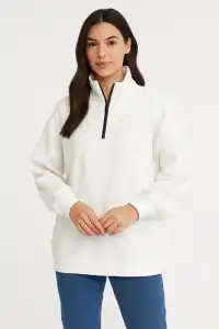 Kadın 3 İplik Pamuklu Dık Yaka Yarım Fermuarlı SweatShirt - Beyaz