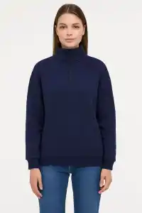 Kadın 3 İplik Pamuklu Dık Yaka Yarım Fermuarlı SweatShirt - Lacivert