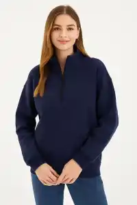 Kadın 3 İplik Pamuklu Dık Yaka Yarım Fermuarlı SweatShirt - Lacivert