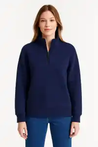 Kadın 3 İplik Pamuklu Dık Yaka Yarım Fermuarlı SweatShirt - Lacivert