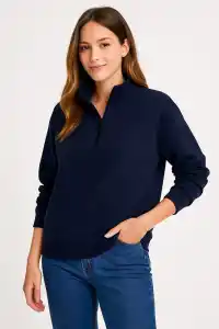 Kadın 3 İplik Pamuklu Dık Yaka Yarım Fermuarlı SweatShirt - Lacivert