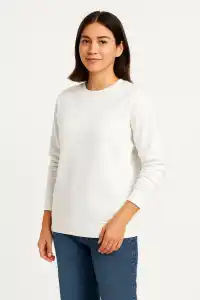 Kadın 3 İplik Pamuklu Düz Bisiklet Yaka SweatShirt - Beyaz
