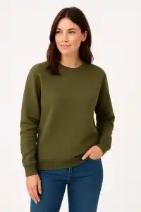 Kadın 3 İplik Pamuklu Düz Bisiklet Yaka SweatShirt - Haki