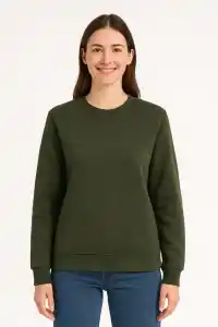Kadın 3 İplik Pamuklu Düz Bisiklet Yaka SweatShirt - Haki