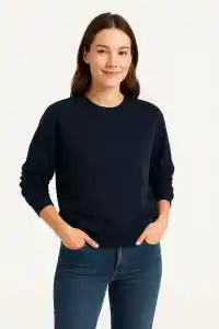Kadın 3 İplik Pamuklu Düz Bisiklet Yaka SweatShirt - Lacivert
