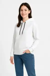 Kadın Kapüşonlu Kanguru Cepli 3 İplik Pamuklu Oversize Hoodie Sweatshirt - Beyaz