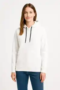 Kadın Kapüşonlu Kanguru Cepli 3 İplik Pamuklu Oversize Hoodie Sweatshirt - Beyaz