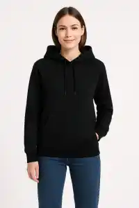 Kadın 3 İplik Pamuklu Kapüşonlu Kanguru Cepli Sweatshirt hoodie - Siyah