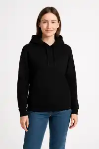 Kadın 3 İplik Pamuklu Kapüşonlu Kanguru Cepli Sweatshirt hoodie - Siyah