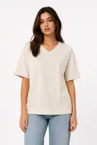 Kadın V Yaka Basic Tişört Kısa Kol Yazlık Regular Fit T-Shirt - Bej