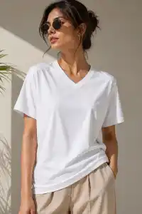 Kadın V Yaka Basic Tişört Kısa Kol Yazlık Regular Fit T-Shirt - Beyaz