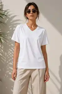 Kadın V Yaka Basic Tişört Kısa Kol Yazlık Regular Fit T-Shirt - Beyaz