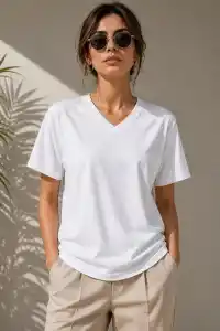 Kadın V Yaka Basic Tişört Kısa Kol Yazlık Regular Fit T-Shirt - Beyaz