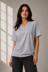 Kadın V Yaka Basic Tişört Kısa Kol Yazlık Regular Fit T-Shirt - Gri