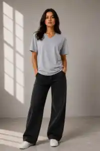 Kadın V Yaka Basic Tişört Kısa Kol Yazlık Regular Fit T-Shirt - Gri