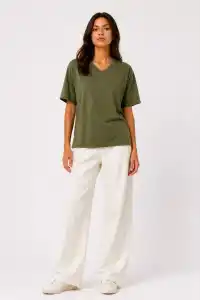 Kadın V Yaka Basic Tişört Kısa Kol Yazlık Regular Fit T-Shirt - Haki