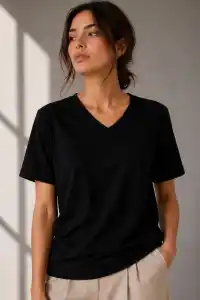 Kadın V Yaka Basic Tişört Kısa Kol Yazlık Regular Fit T-Shirt - Siyah