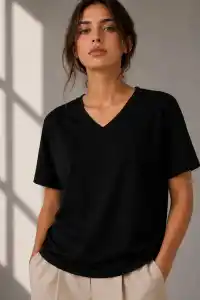 Kadın V Yaka Basic Tişört Kısa Kol Yazlık Regular Fit T-Shirt - Siyah