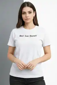 Kadın Wafıl Kumaş Tişört Regular Kalıp Bisiklet Yaka Baskılı T-Shirt - Beyaz