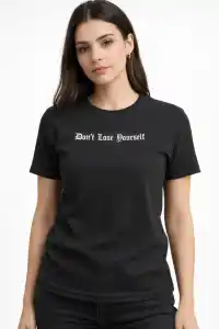 Kadın Wafıl Kumaş Tişört Regular Kalıp Bisiklet Yaka Baskılı T-Shirt - Siyah